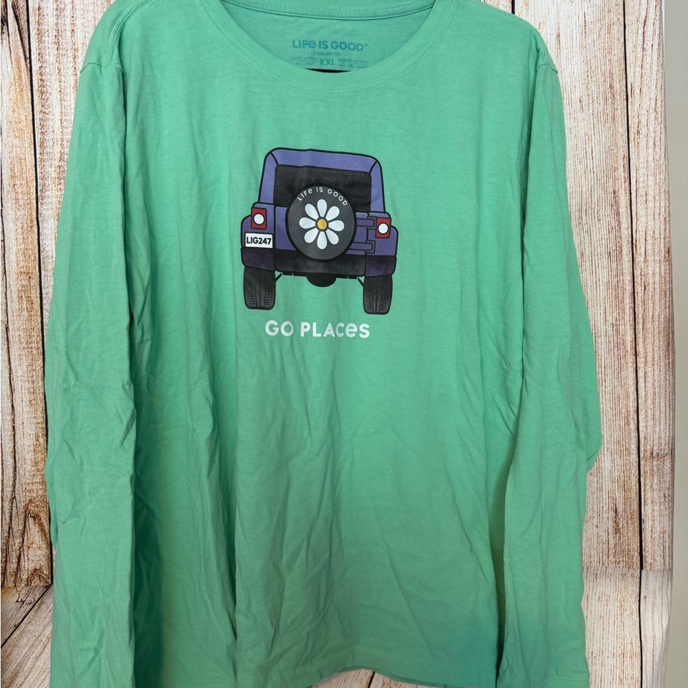 Life Is Good Womens Long-Sleeve Tee in Mint Green with Jeep Graphic